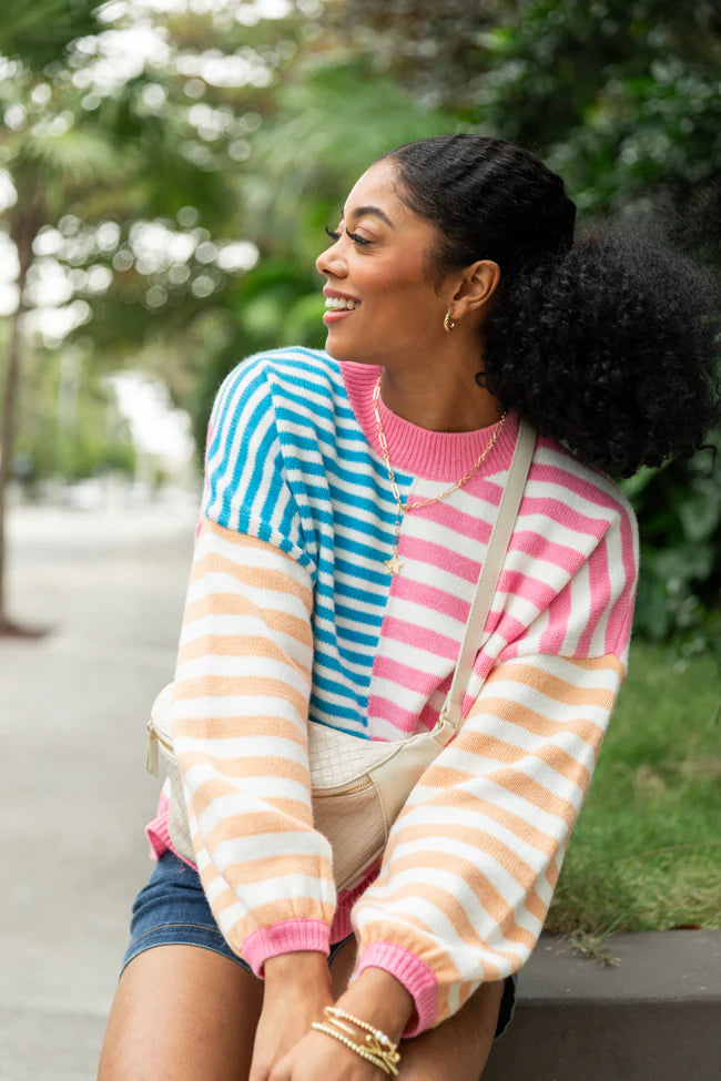 Delightful Days Blue, Pink, and Orange Multi Color Block Striped Sweater