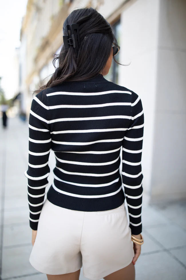 Cabin Bound Black Striped Fitted Mock Neck Sweater