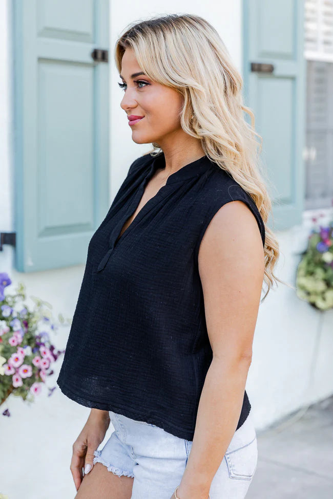 Making Me Blush Black Gauze Notched Neck Tank FINAL SALE