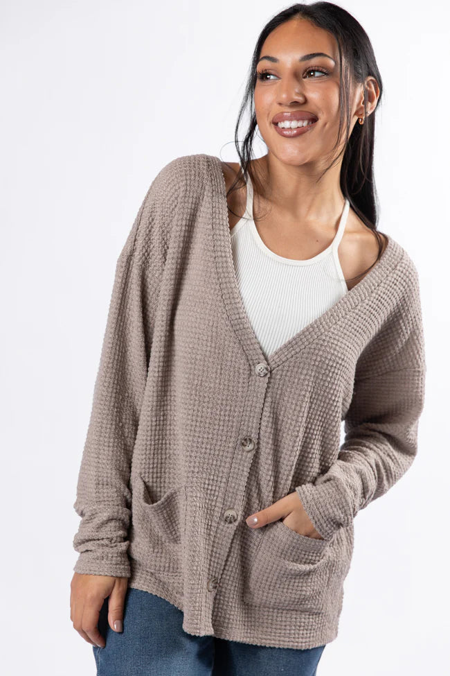 Sounds Like Me Taupe Waffle Knit Cardigan