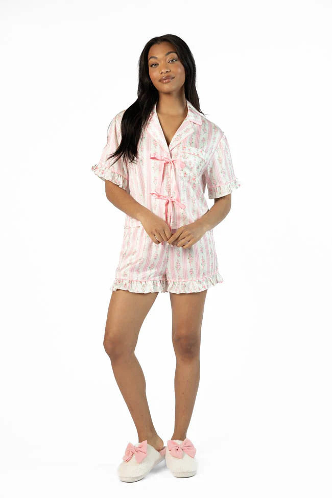 Hitting Snooze Pink Floral Striped Short Sleeve Pajama Top