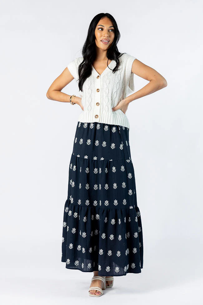 No Place Like This Navy Embroidered Maxi Skirt