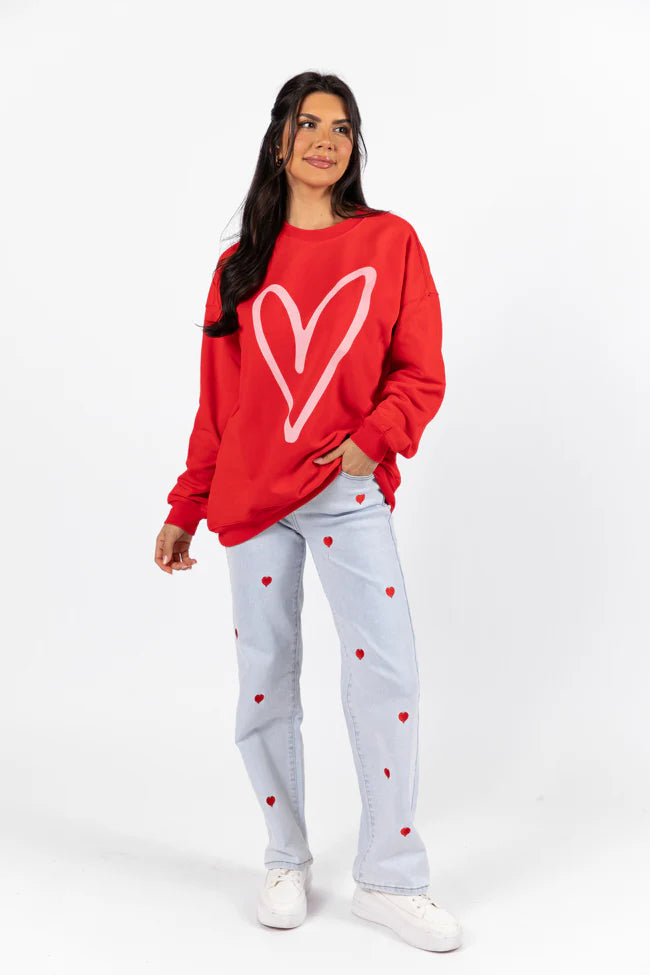 Heart Sketch Red Oversized Graphic Sweatshirt