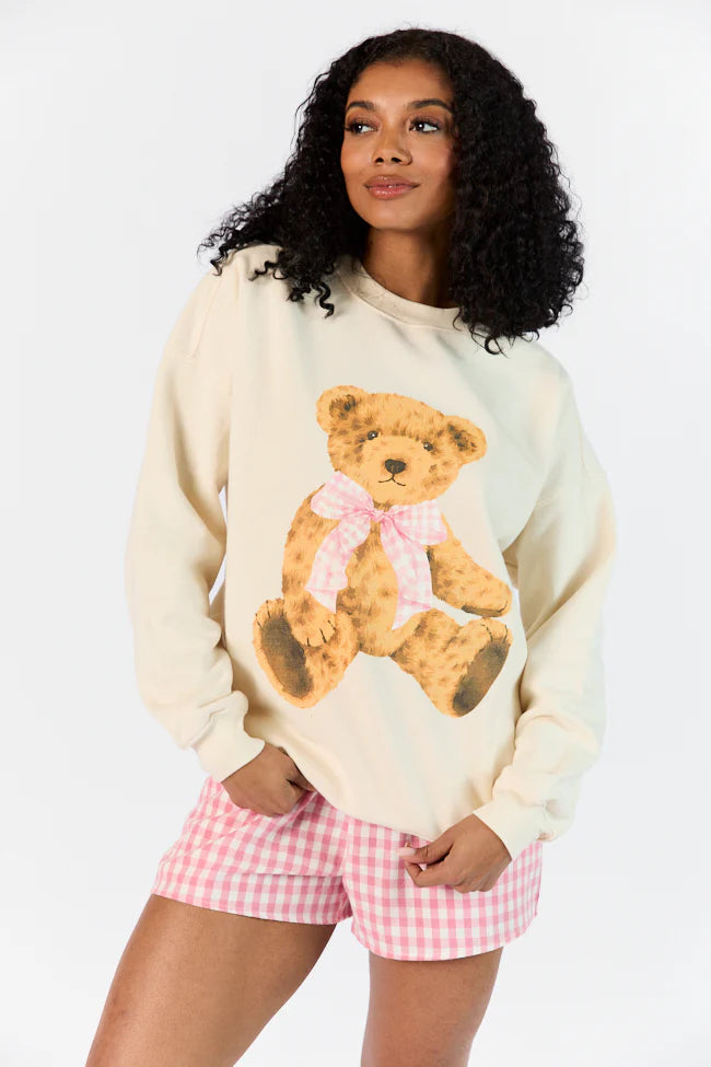 Vintage Teddy Bear Gingham Bow Cream Oversized Graphic Sweatshirt