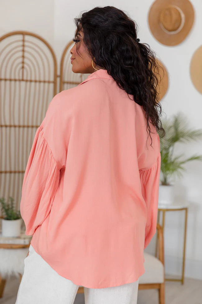 Back For You Coral Balloon Sleeve Button Front Blouse FINAL SALE