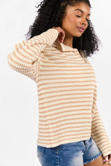 Bayside Breeze Ivory and Tan Stripe Quarter Zip Pullover Sweater