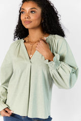 Simply You Sage Knit Notched Neck Long Sleeve Blouse