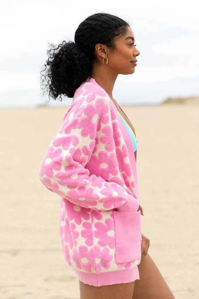 Better Believe It Pink Floral Print Terry Cloth Cardigan