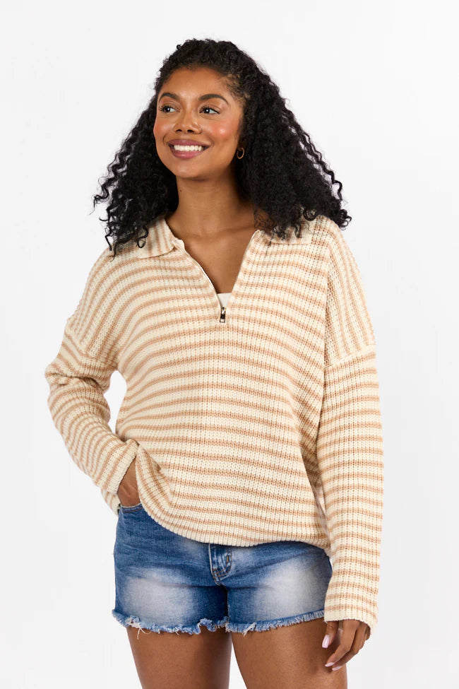 Bayside Breeze Ivory and Tan Stripe Quarter Zip Pullover Sweater