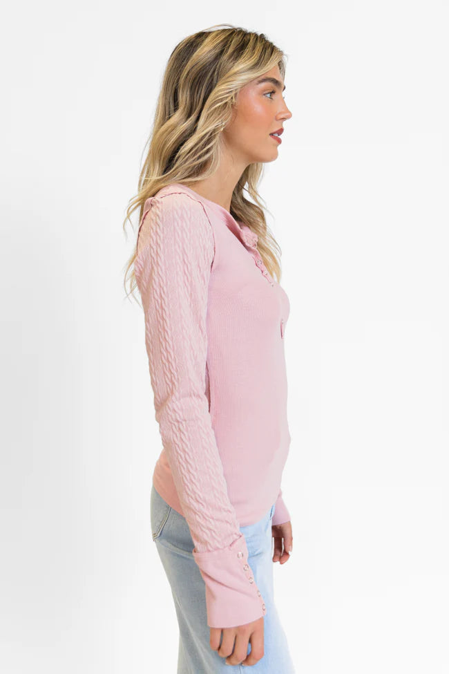 All The Better Light Pink Cable Knit Sleeve Knit Henley Top FINAL SALE