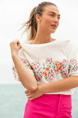 Come To The Garden Beige Multi Open Knit Floral Embroidered Short Sleeve Sweater