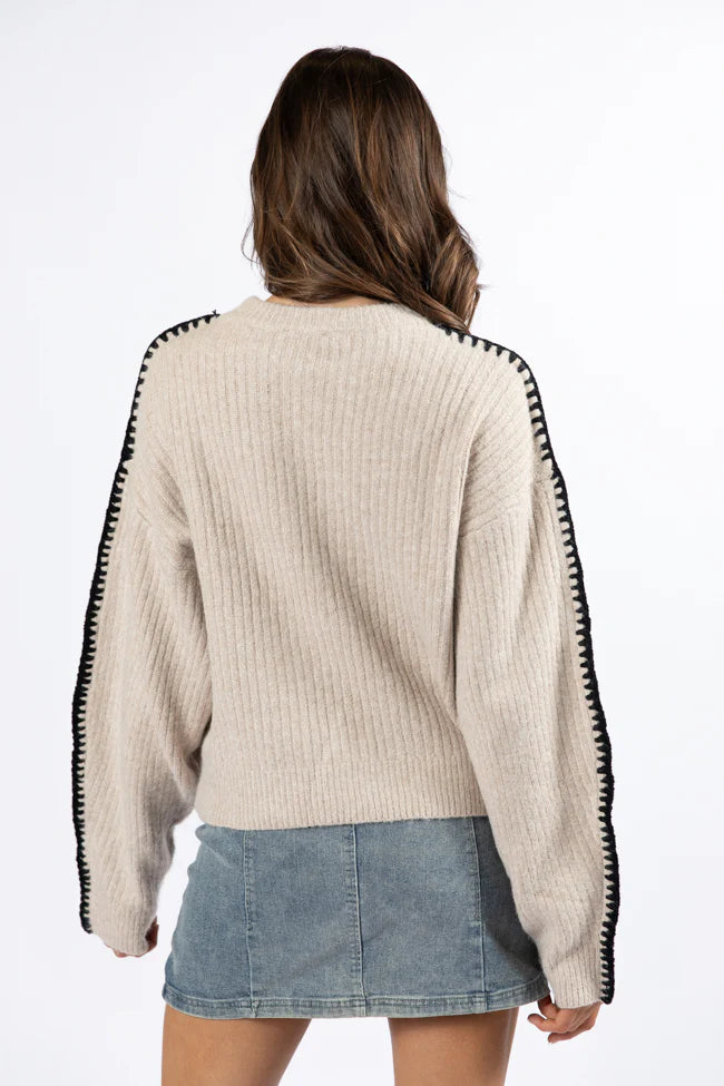 In and Out Taupe and Black Contrast Stitch Sweater