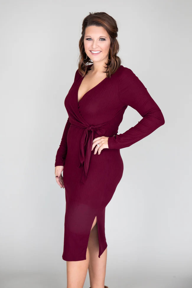 Daring Heart Ribbed Midi Burgundy Dress FINAL SALE