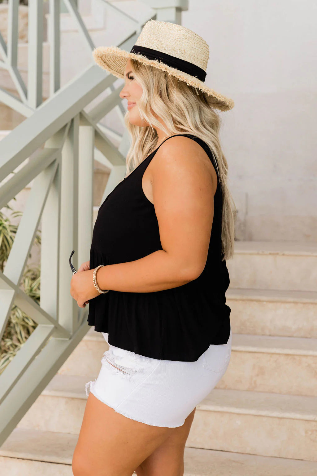 Happy Anywhere Black Ribbed Henley Peplum Tank FINAL SALE