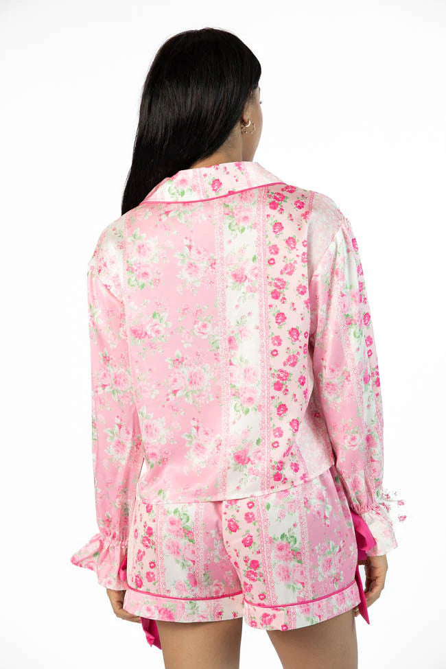 Don't Wake Me Up Pink Multi Floral Long Sleeve Satin Pajama Top