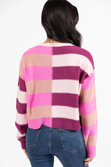 Take Your Time Pink and Berry Multi Color Block Striped Crop Sweater SALE