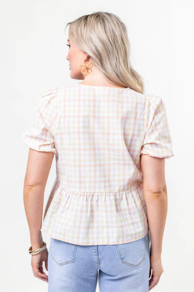 Tell Your Story Multi Gingham Short Sleeve Tie Front Peplum Blouse