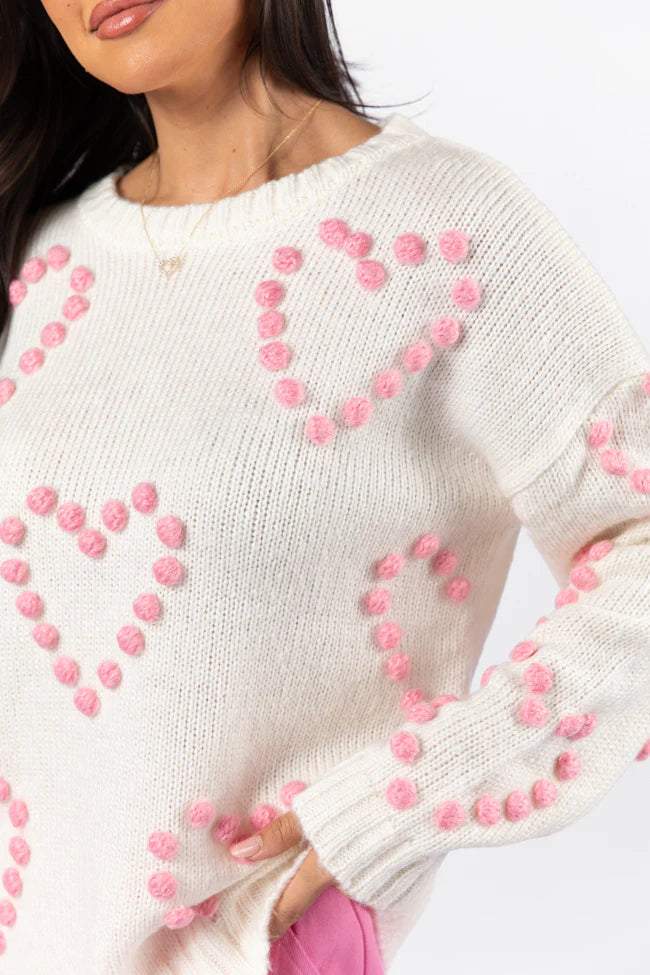 Adore You Ivory and Pink Oversized Heart Pom Sweater FINAL SALE