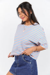 Keep It Casual Blue and Coral Multi Boxy Striped Tee