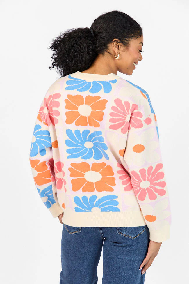 Gracious Gardens Blue Multi Block Floral Sweater