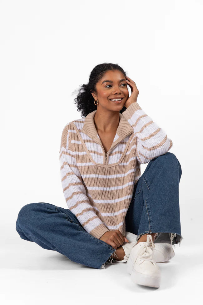 Worth Melting For Beige Striped Color Block Quarter Zip Pullover Sweater