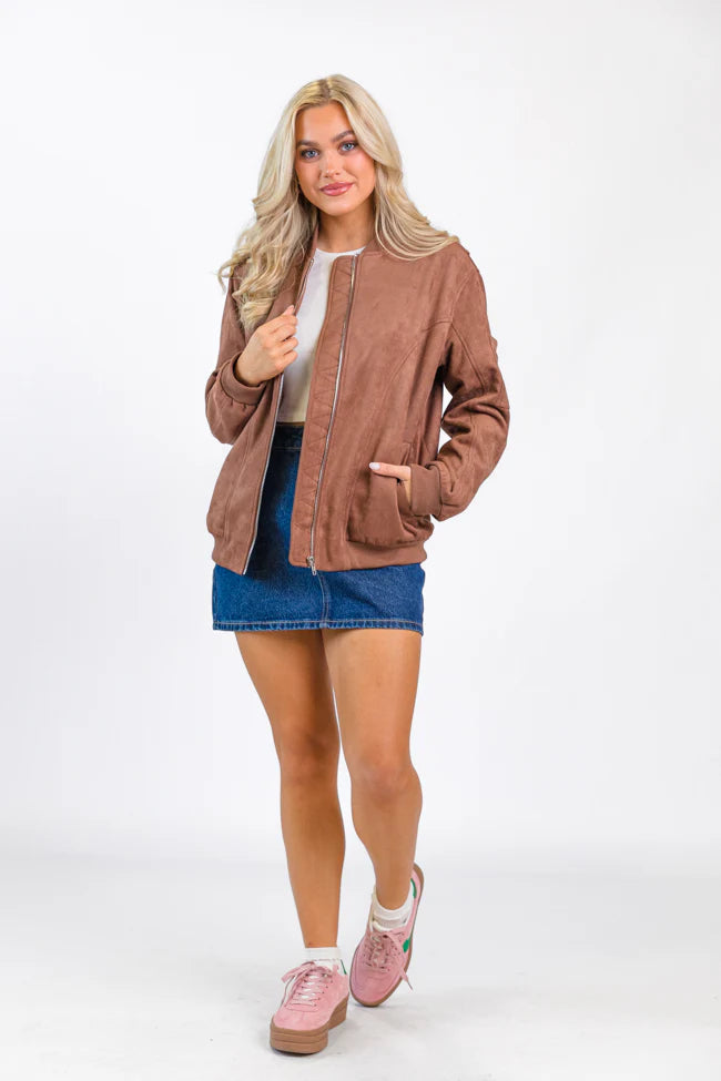 Believe In Me Brown Oversized Suede Bomber Jacket FINAL SALE