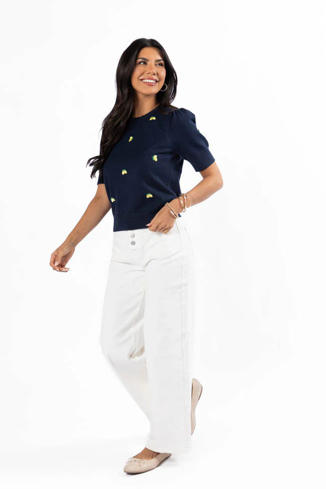 Feeling Zesty Navy Lemon Embroidered Short Sleeve Sweater