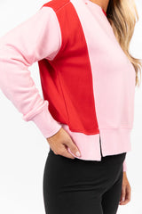 Far Between Pink and Red Contrast Trim Crew Neck Sweatshirt