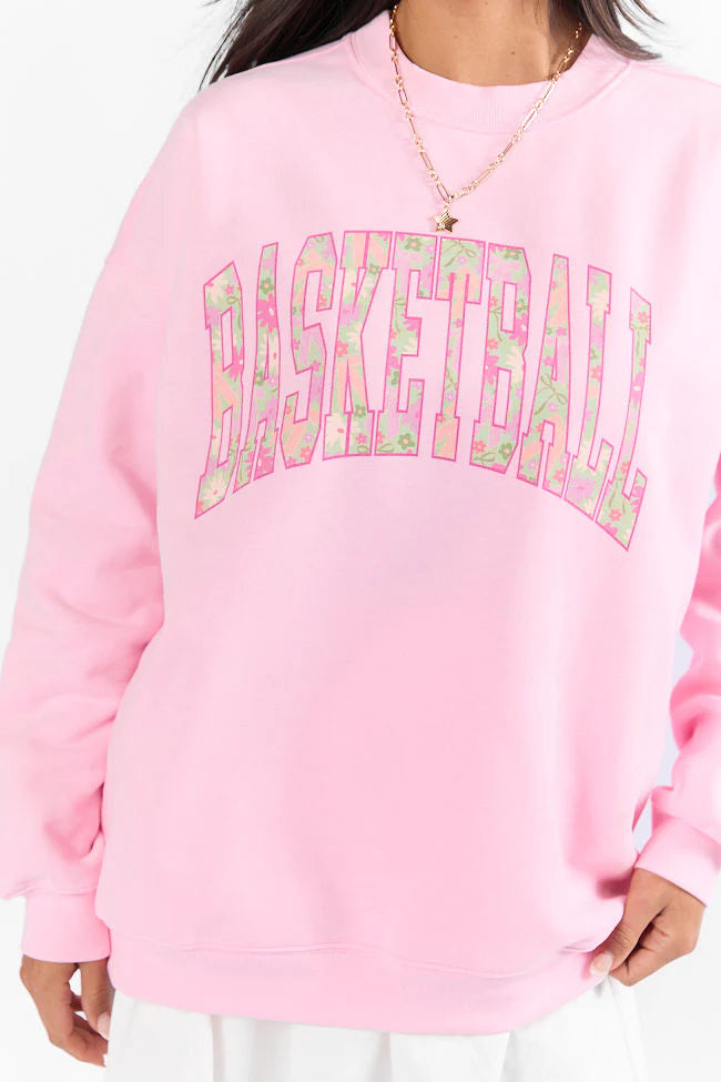 Basketball Printed Block Light Pink Oversized Graphic Sweatshirt