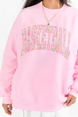 Basketball Printed Block Light Pink Oversized Graphic Sweatshirt