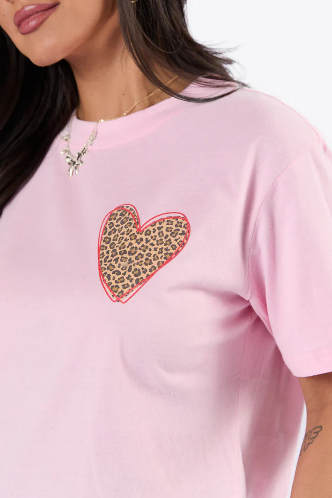 Love is All Around Leopard Heart Light Pink Oversized Graphic Tee