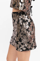 A Heart Of Gold Black Floral Print Sequin Mini Skirt FINAL SALE