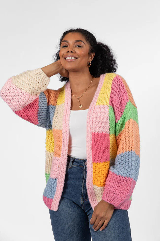 Still Deciding Pink Multi Color Block Cardigan