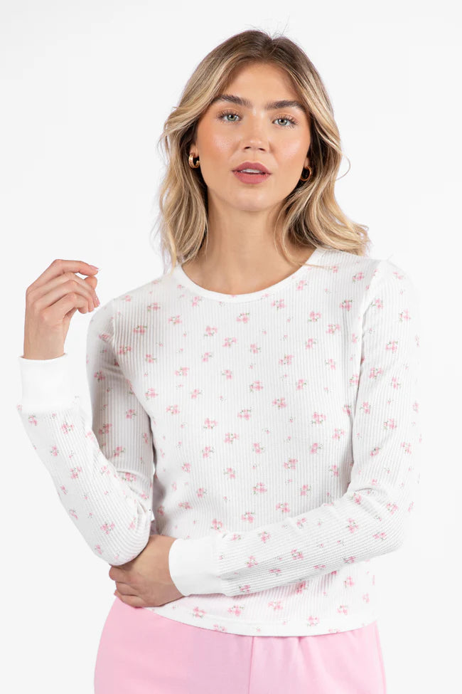 Lazy Floral Ivory and Pink Floral Print Waffle Layering Top SALE