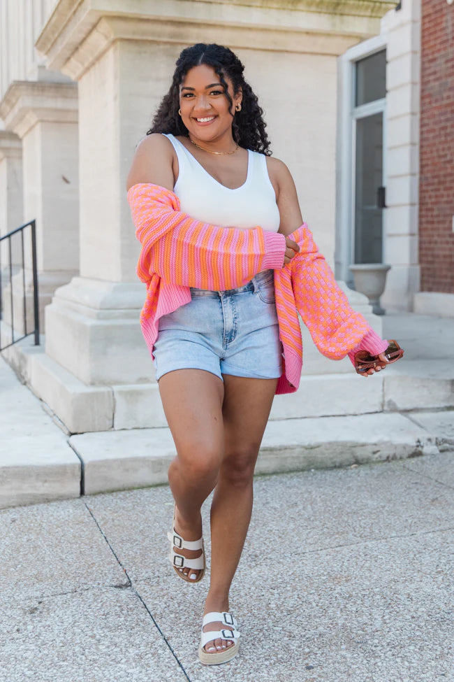 Time To Waste Pink And Orange Checkered And Striped Cardigan