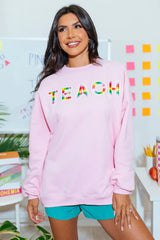 Classroom Colors Chenille Patch Light Pink Oversized Graphic Sweatshirt FINAL SALE