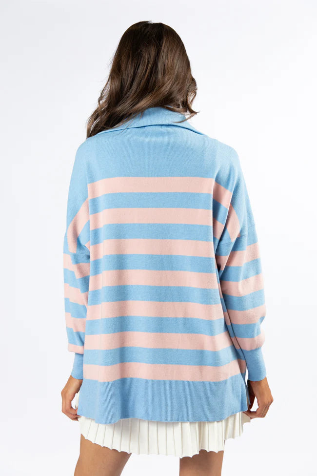 Pulling Heartstrings Blue and Coral Striped Quarter Zip Pullover SALE