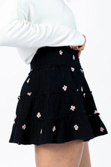 Through The Garden Black Gauze Floral Mini Skort