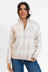 Make It Count Beige Plaid Printed Quarter Zip Pullover SALE