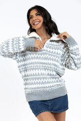 Made For Me Grey Fleece Collar Fair Isle Quarter Zip Sweater  FINAL SALE