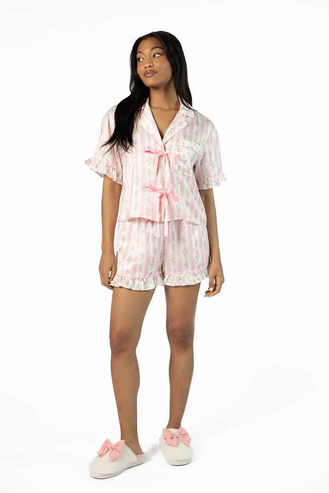 Hitting Snooze Pink Floral Striped Pajama Shorts