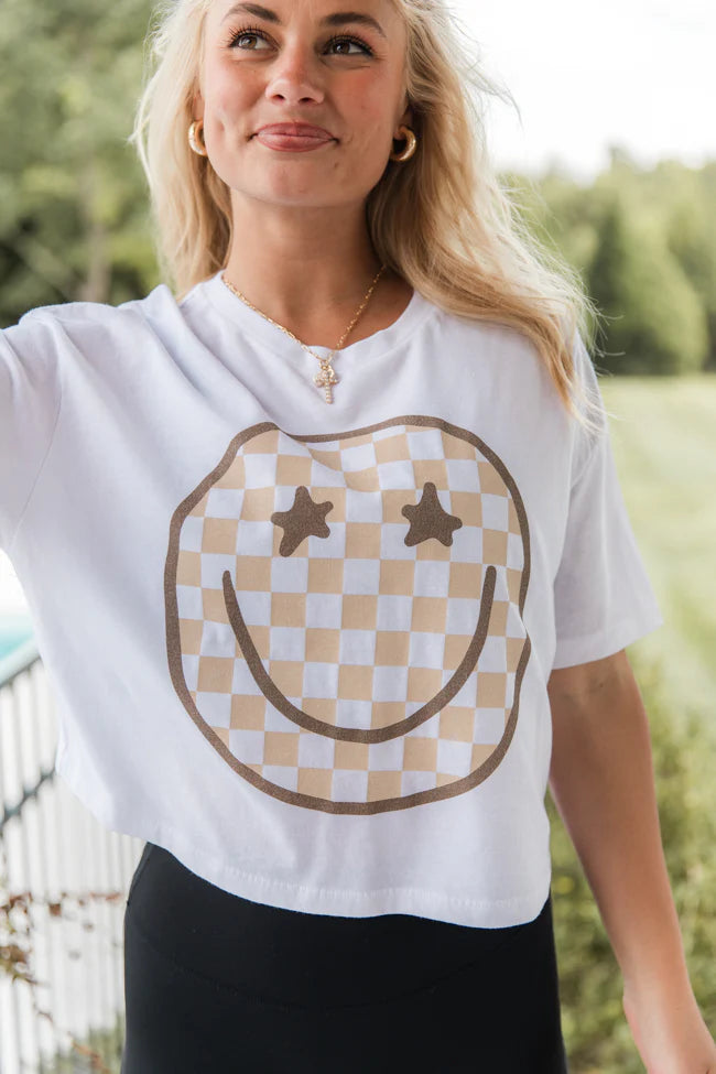 Checkered Smiley White Boxy Graphic Tee