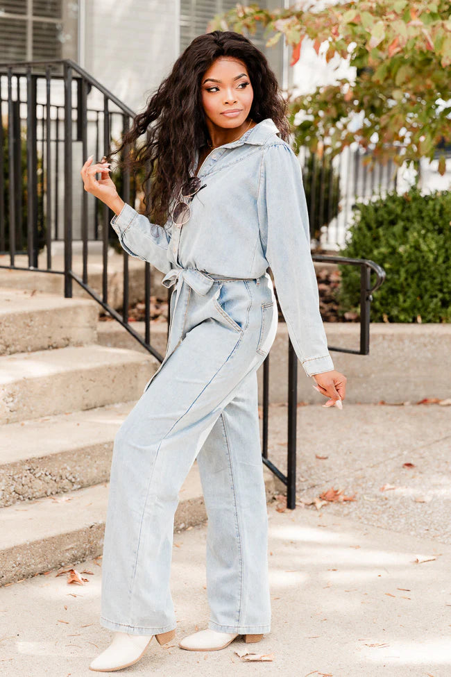 One More Time Long Sleeve Belted Denim Button Up Jumpsuit FINAL SALE