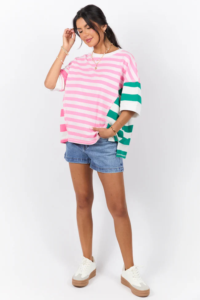 Destined For More Pink and Green Multi Color Block Striped Knit Tee