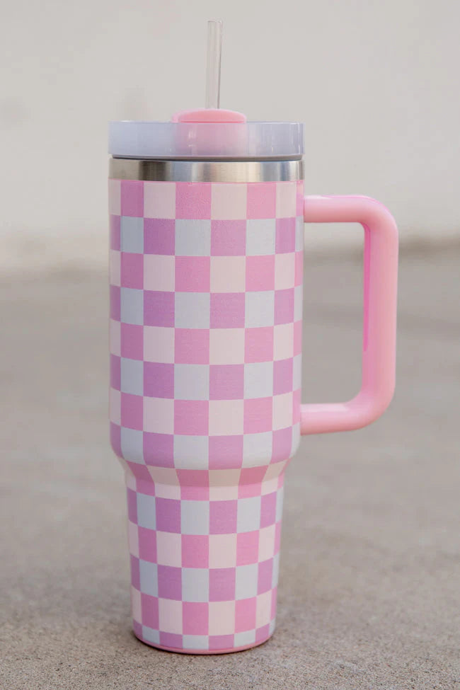 Sippin' Pretty Multi Pastel Checkered 40 oz Drink Tumbler With Lid And Straw SALE