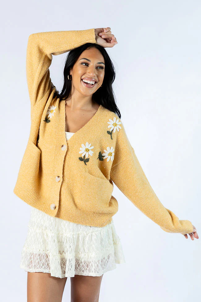 Fields Of Hope Mustard Floral Embroidered Cardigan