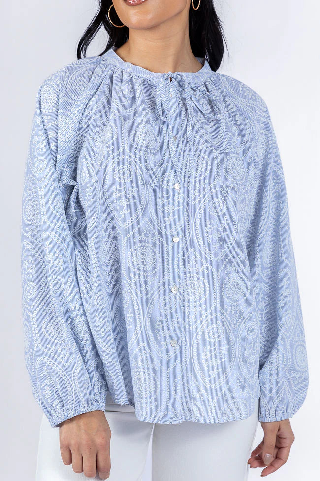 Downtown Delight Blue Embroidered Woven Button Down Blouse