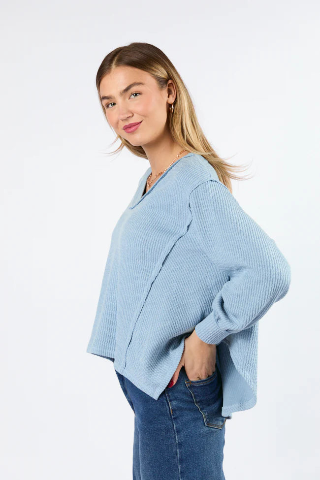 Never Say Never Dusty Blue Ribbed Knit V-Neck Long Sleeve Top