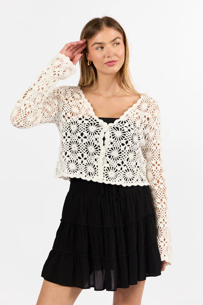 Unbeatable Memories Long Sleeve Ivory Crochet Cardigan