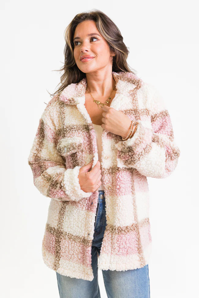 Beloved Memories Pink Plaid Sherpa Shacket